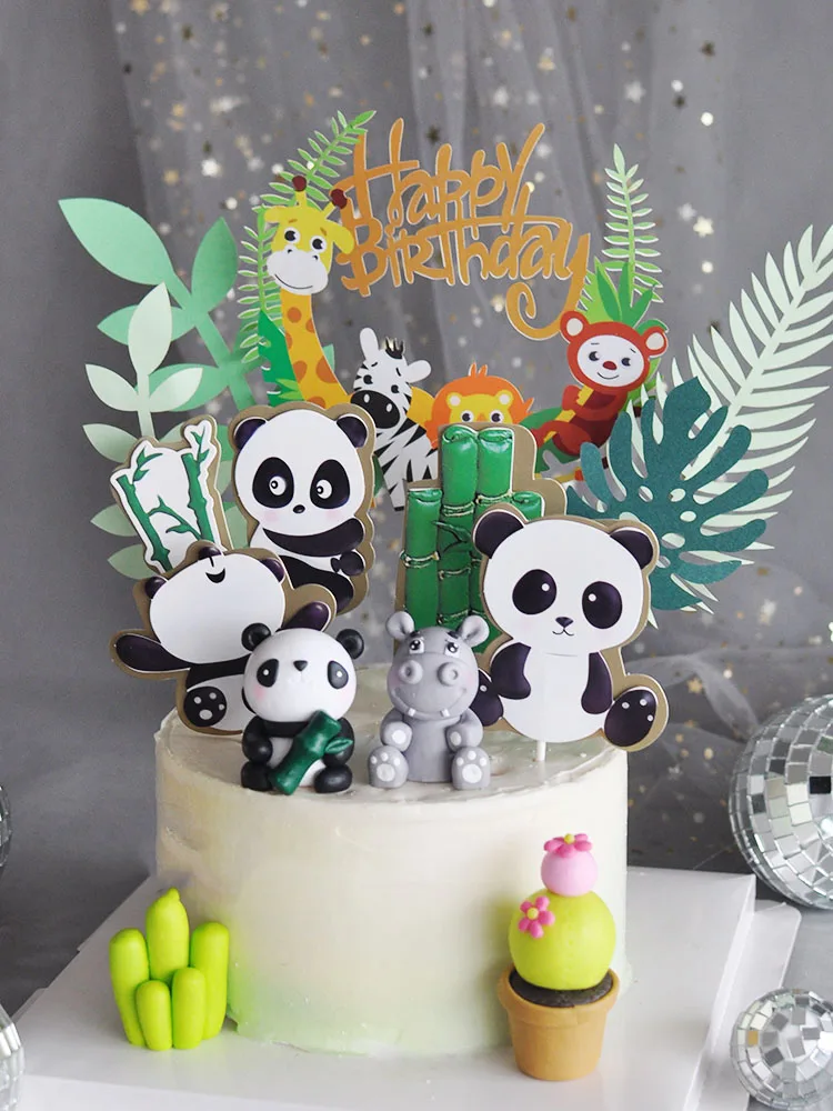 Panda Hippo Soft Pottery Cake Topper Doll Plug-in National Treasure Bamboo Green Leaf Baby Birthday Dress Up Card Baking Supplie