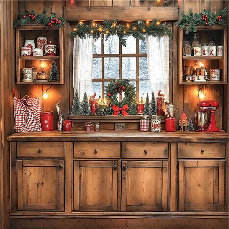 Mehofond Photography Background Winter Christmas Kitchen Window Wood Wall Xmas Kids Family Portrait Decor Backdrop Photo Studio