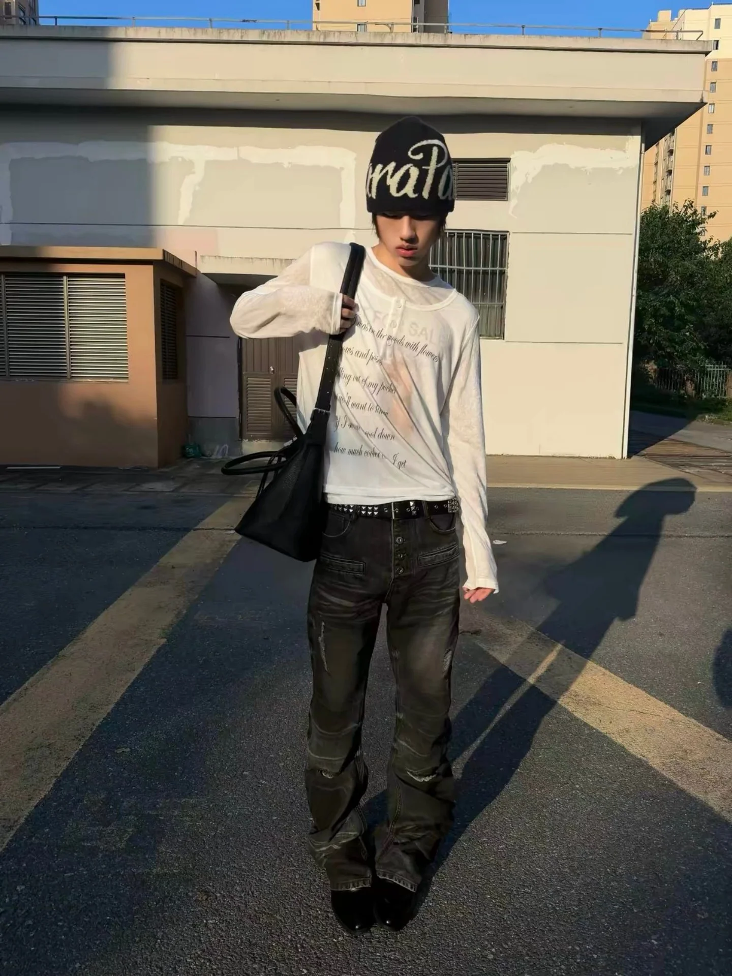 Retro American Letter Print Long Sleeve T-Shirt Men's Early Autumn Thin Loose Feeling Fake Two-Piece Sunshade Cover up