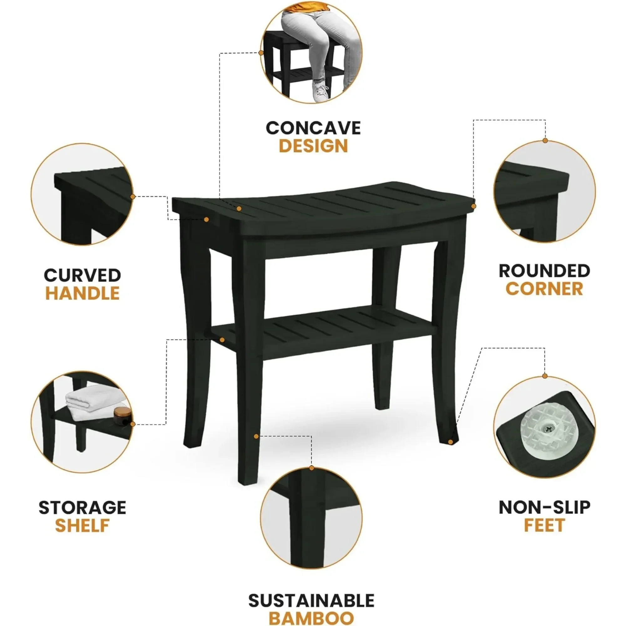 مقعد استحمام من الخيزران الأسود مقاس 18 بوصة مع رف تخزين، مقعد سبا غير قابل للانزلاق للاستخدام الداخلي/الخارجي، مسند للقدمين ومقعد حمام