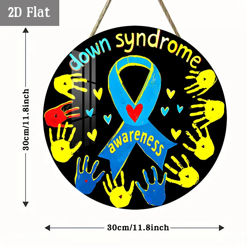 2D Flat, 1pc Down Syndrome Awareness Wall Decor - Purple Handprint Art Panel with Support Ribbon, Retro Round Sign Suitable for