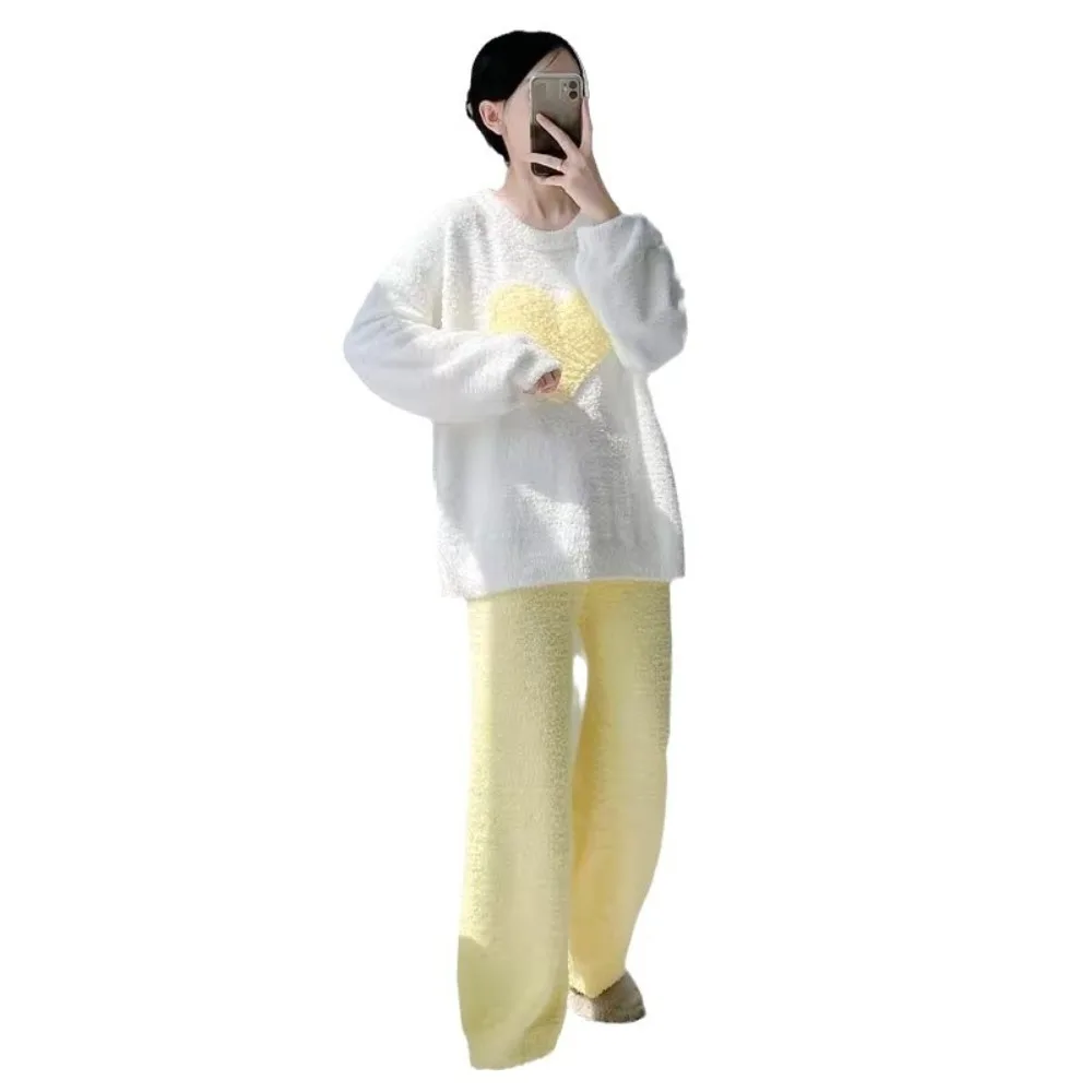 Inverno amor meia lã pijamas feminino solto e velo quente, doce e bonito estilo casa roupas conjunto de duas peças