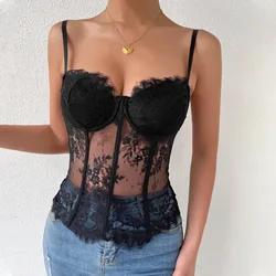 Spicy Girl Style Sexy Lace Eyelash Flower Translucent Women Camisole Vest Bra Tube Tops Underwired Fishbone Corset Slimming Top