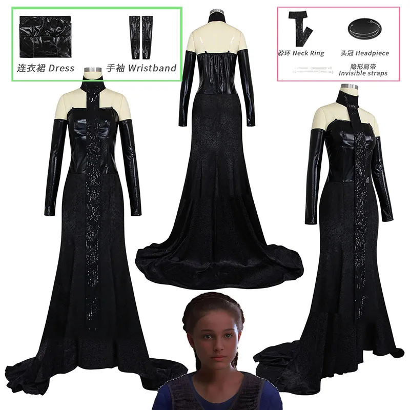 

WHH Anime SW Movie Character Padme Amidala Cosplay Costumes Black Floor-length Nice Dress women Halloween Performance Restor