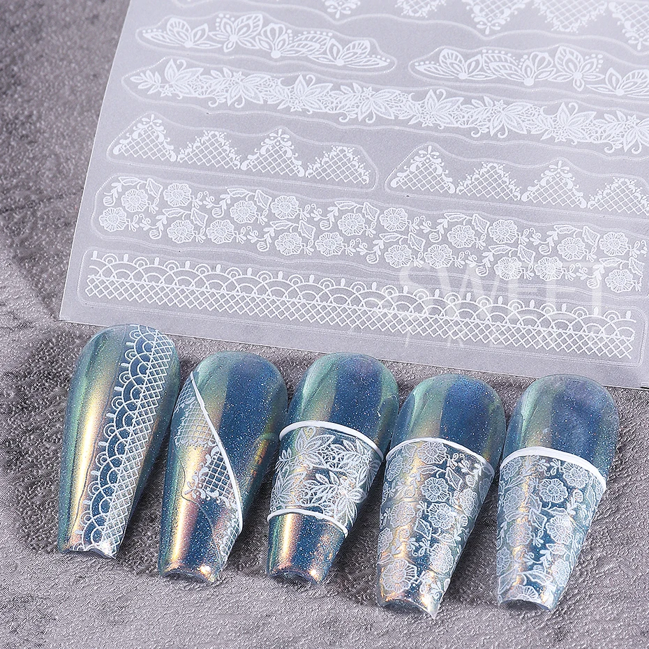 Autocollants pour ongles en dentelle, 2 pièces, breloque noire et blanche, fleurs en dentelle, conception de ligne Simple, décalcomanies pour ongles, curseur de mariage élégant, décoration de manucure