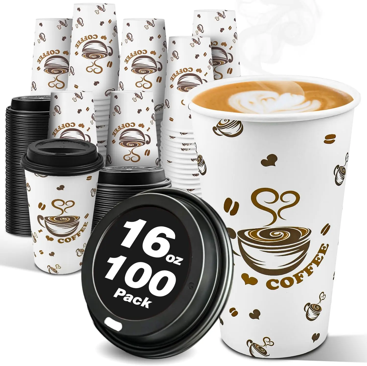

100 Pack Disposable Paper Coffee Cups with Lids 16 oz, To Go Hot Cups for Hot CoCoa, Chocolate and Drinks