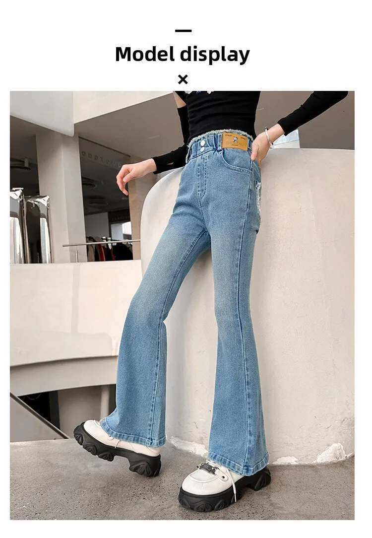 Schmal geschnittene, eng anliegende Jeans mit Herzmuster für Mädchen, elegante Boot-Cut-Denim-Leggings, modische Kinderjeanshose – Detail 10