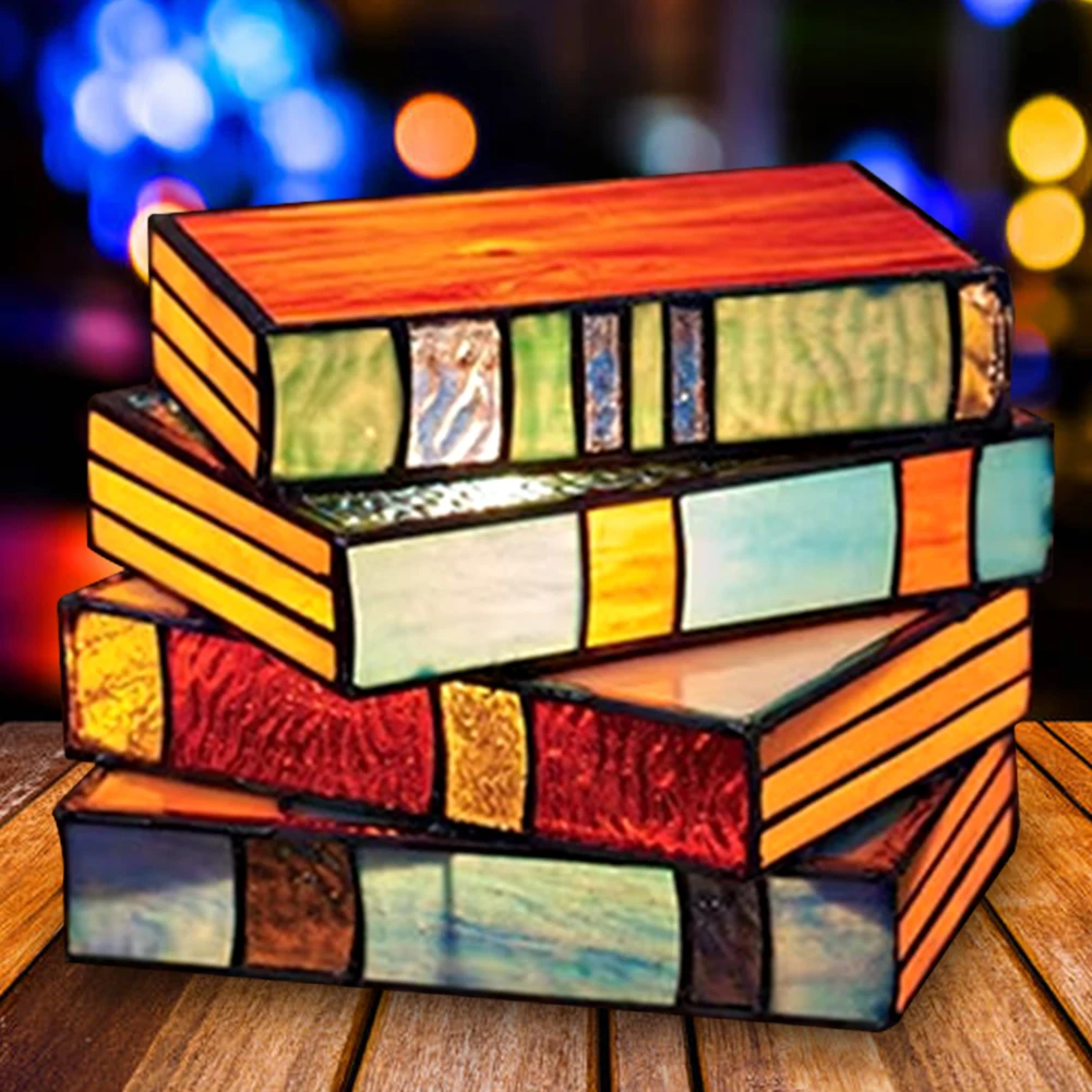

Stacked Books Lamp Colorful Handcrafted Glass Nightstand Desk Lamp Resin Light Stained Glass Book Lamp Desk Reading Light Decor