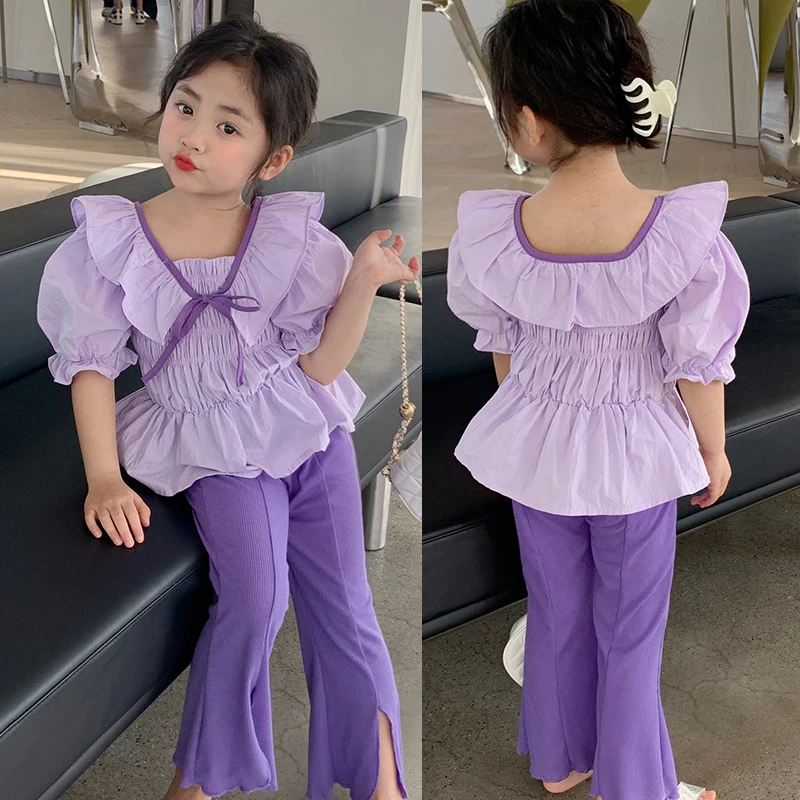 2023 Summer New Girls\' Clothing Sets Korean Bowknot Ruffles Short Sleeve Top+Fashion Bell-bottoms Girls Fashion Kids Outfit