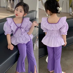 2023 Summer New Girls' Clothing Sets Korean Bowknot Ruffles Short Sleeve Top+Fashion Bell-bottoms Girls Fashion Kids Outfit