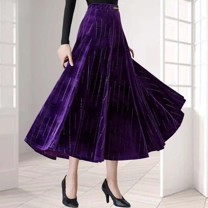 

Women's Winter Dance Skirt High Waist Velvet Rhinestone Square Elegant Mid-Length Ballroom Performance for Latin & Social Dance