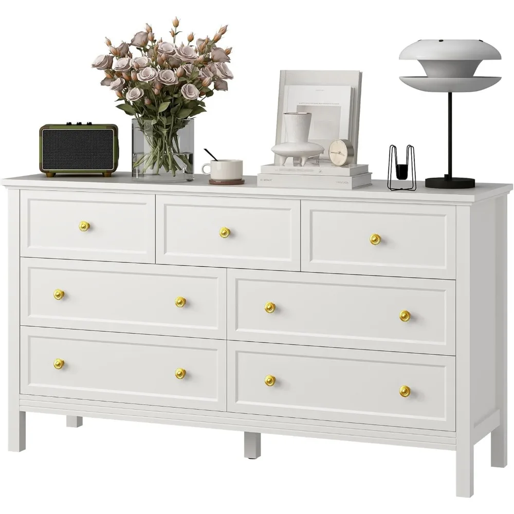 LYNSOM Cômoda branca com 7 gavetas para quarto, 55 cômoda de madeira com puxadores dourados, cômoda larga e moderna para corredor, entrada