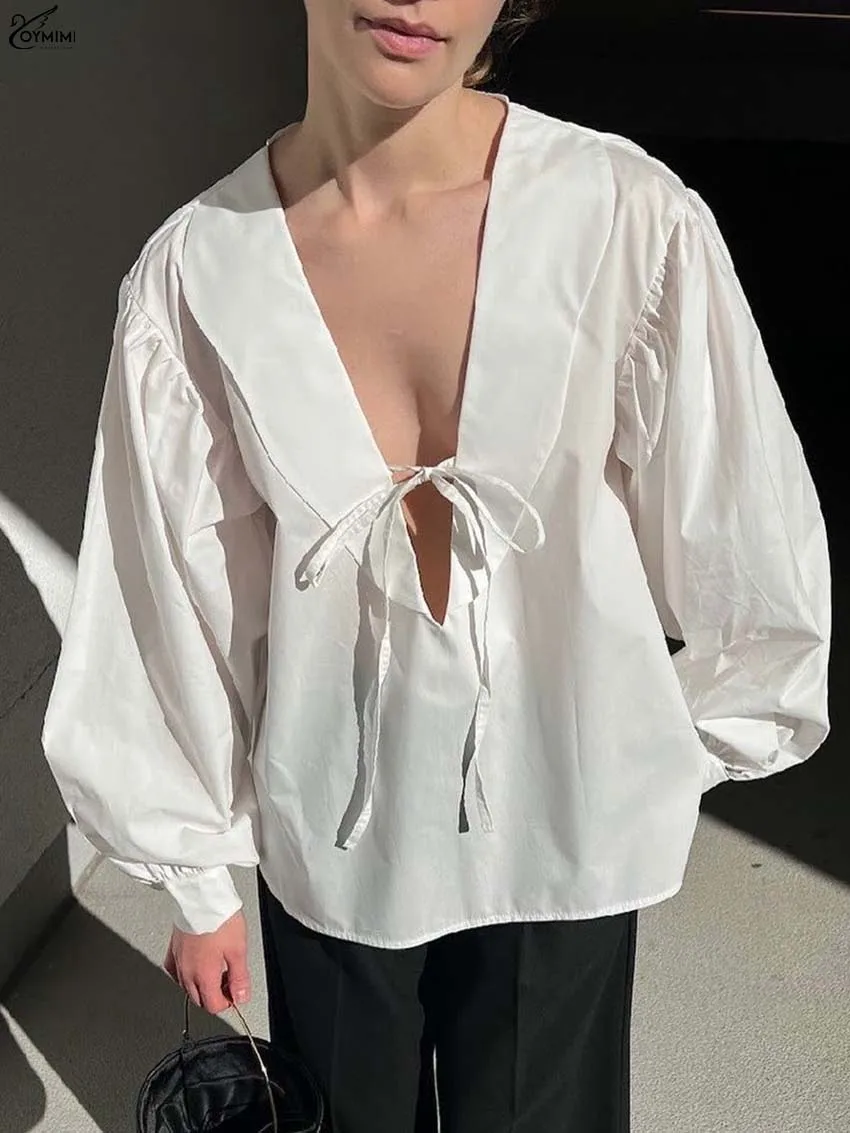 

Oymimi элегантные белые женские блузки с v-образным вырезом, модные блузки на шнуровке с длинными рукавами и пуговицами, осенняя новая свободная однотонная блузка, уличная одежда