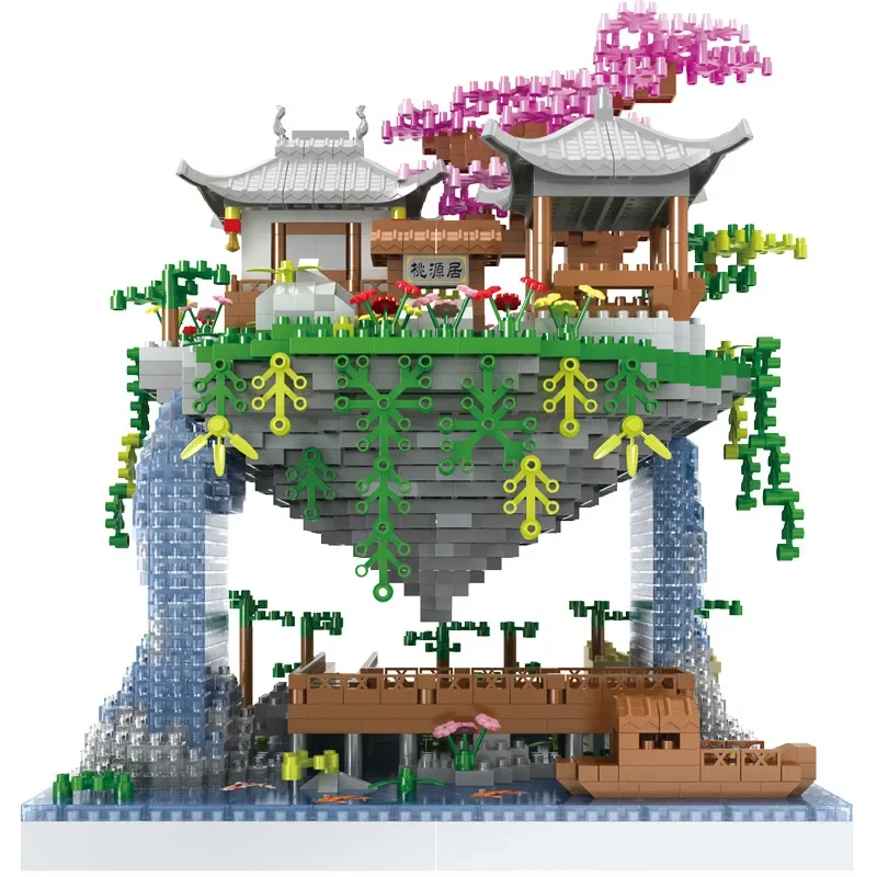 Creative Peach Blossom Pond Sakura Castle Tree House View Set City DIY Model Building Blocks Bricks Toys For Children Adult Gift