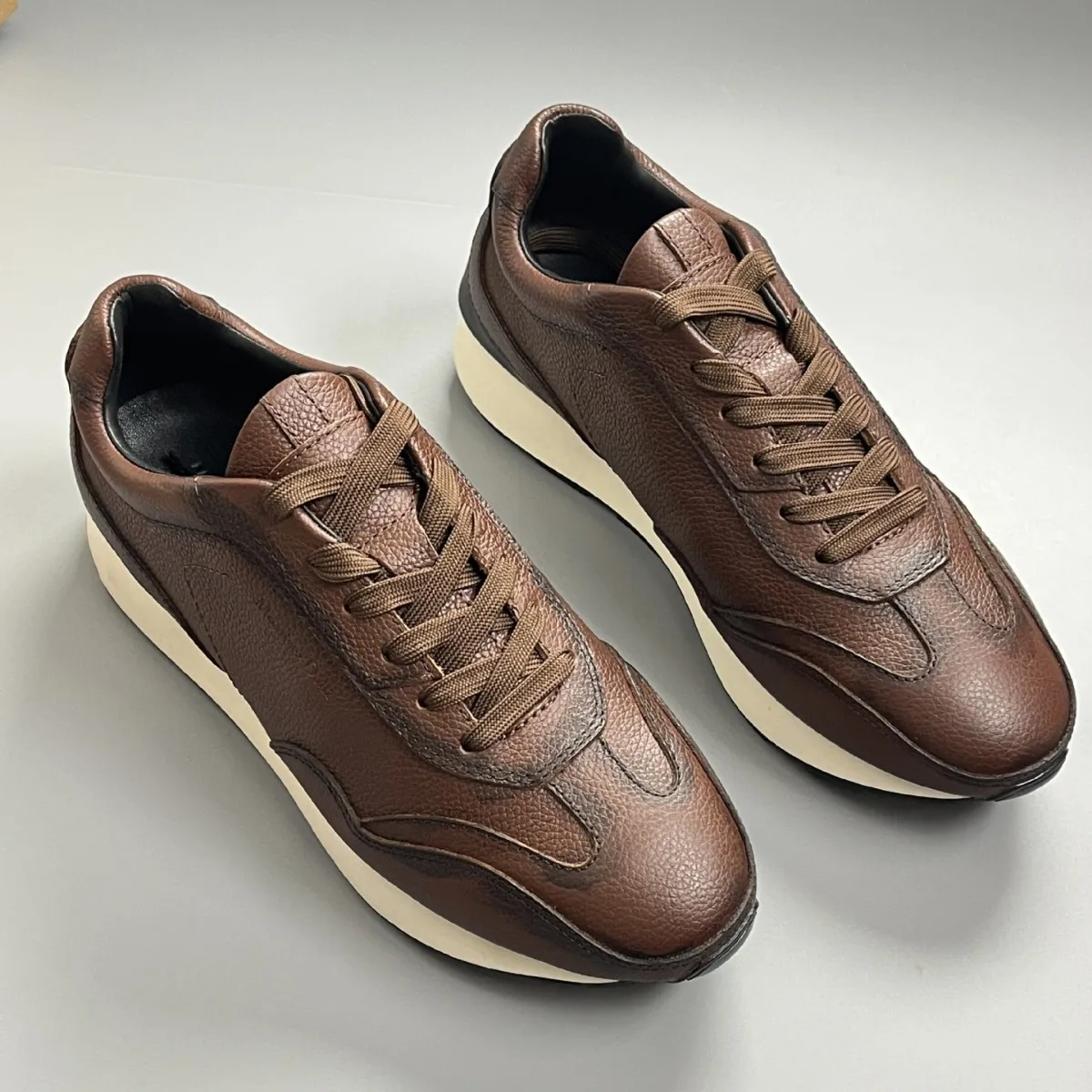 Men's Spanish Genuine Leather German Army Trainers | Retro Coffee Lace-Up Sneakers | Height-Increasing Anti-Slip Casual Footwear