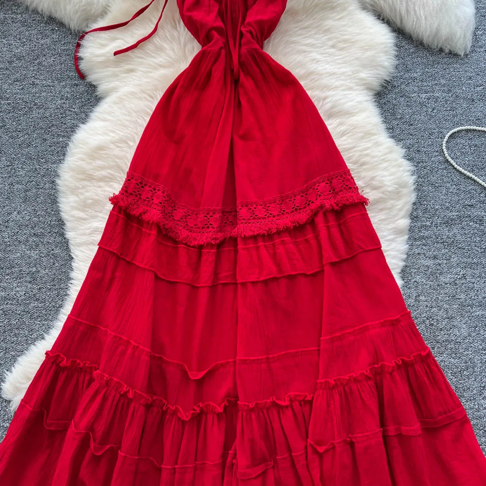 Chic vintage backless halter senza maniche Elegante fata moda coreana Boho Sundress abbigliamento donna