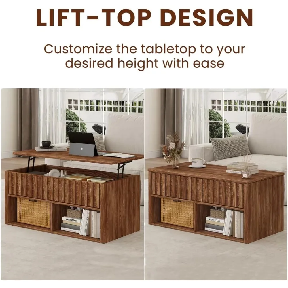 طاولة قهوة مع مساحة تخزين، طاولة قهوة مخددة لغرفة المعيشة، مساحة صغيرة للمنزل والمكتب، طاولة طعام خشبية، 39.5 بوصة،