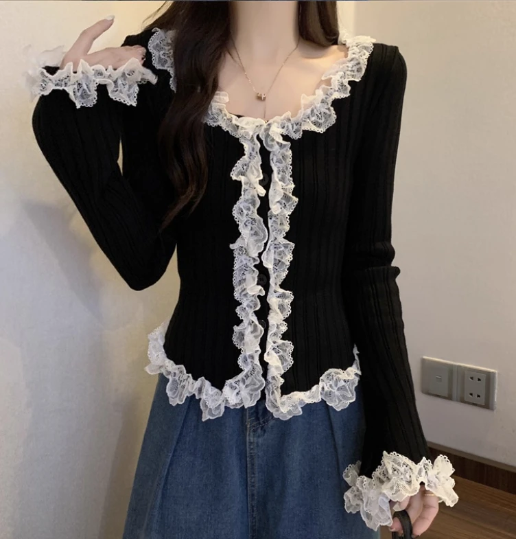 Coréen doux dentelle épissage volants à manches longues haut tricoté femmes automne hiver 2025 nouveau grande taille mince Lolita bas pull