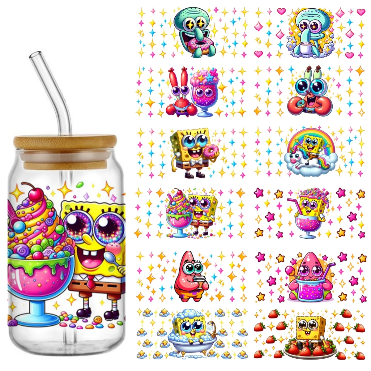 Miniso Spongebob cartoon Popular character 16oz Libbey Glass Can UV DTF Wrap DIY Libbey Glass Can UV DTF Transfer 3D Sticker