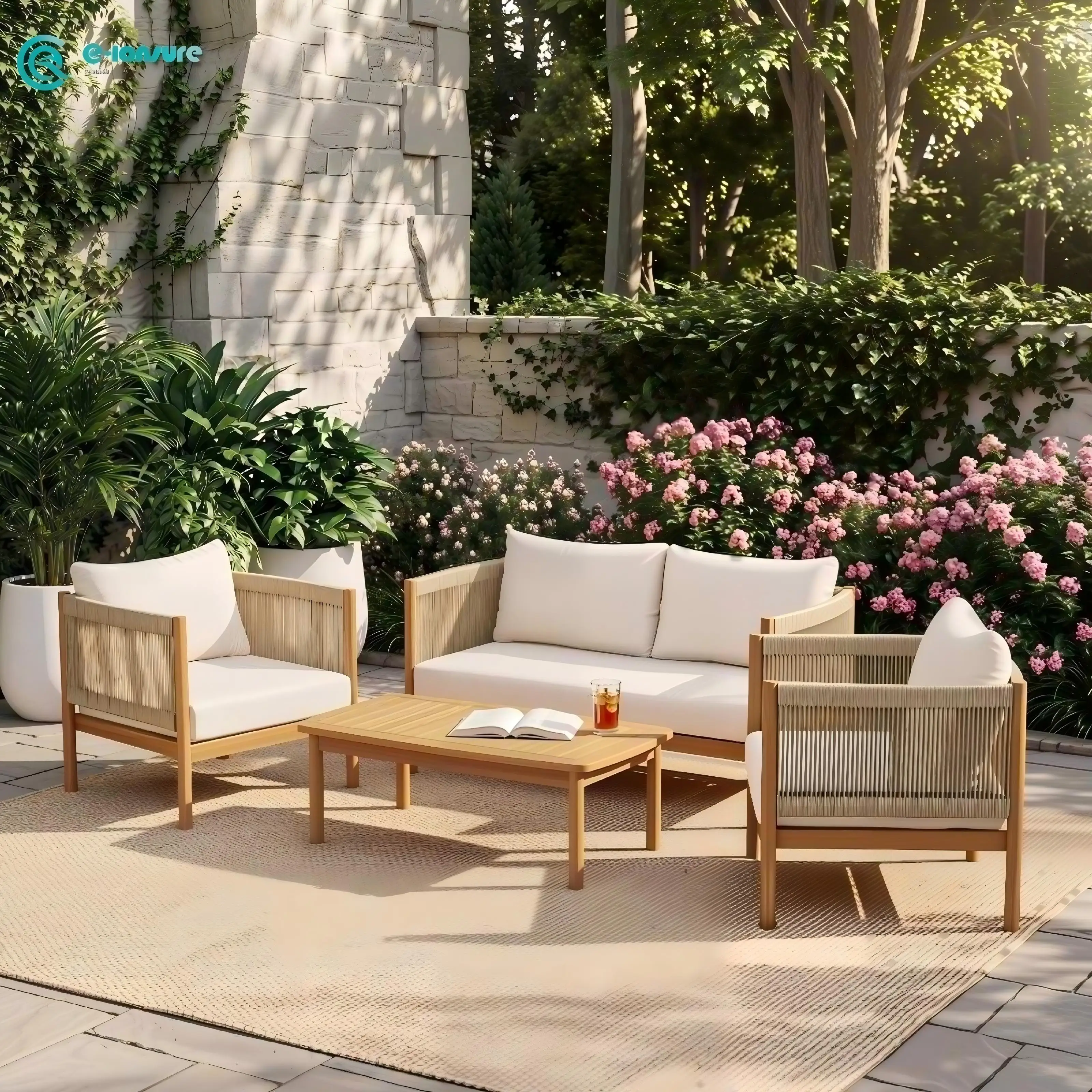Modern Outdoor Sofa Set Garden Furniture Teak Wood Frame  and Woven Rope With Coffee Table Modular Sofa Set for Outdoor Space