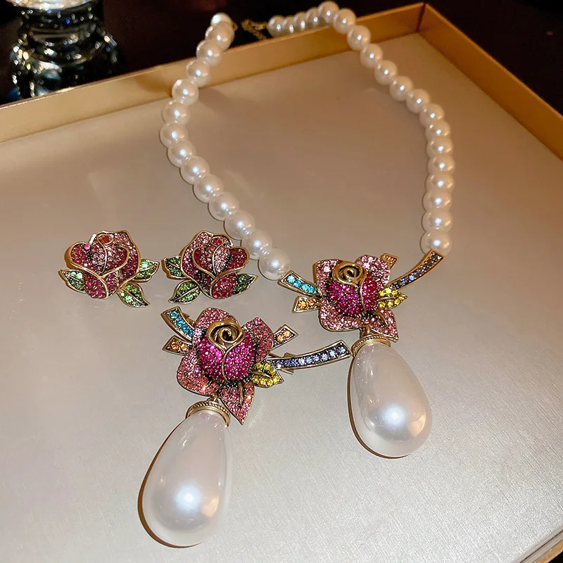 Exquisite Water Drop Pearl Necklace Earrings Brooch For Women Colourful Crystal Rose Flower Bridal Jewelry Sets