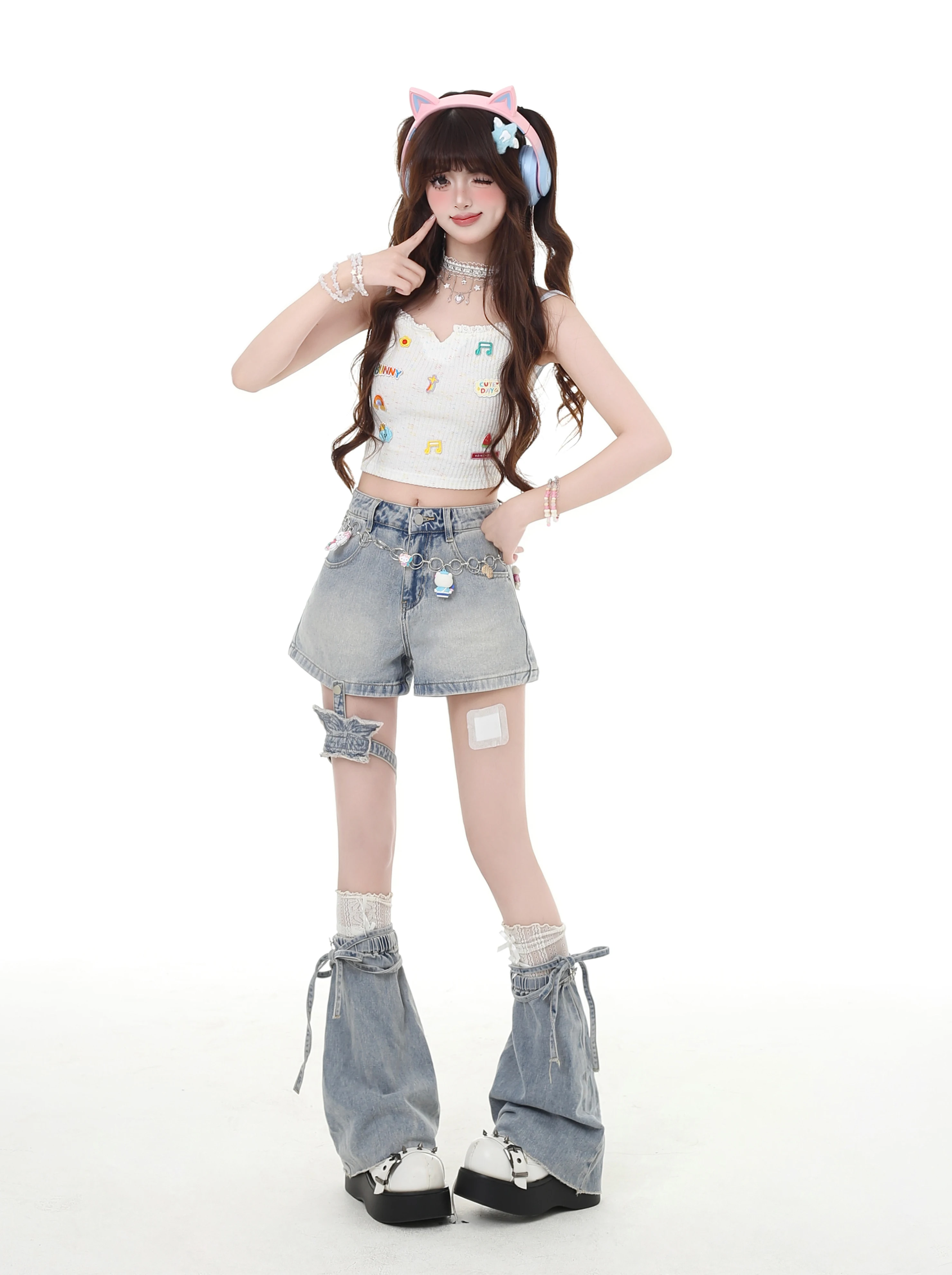 Fashion Highstreet Sweet Cool Girl Y2k Denim Shorts Butterfly High Waist Wide Leg Retro Versatile Short Jeans Pants Women Summer