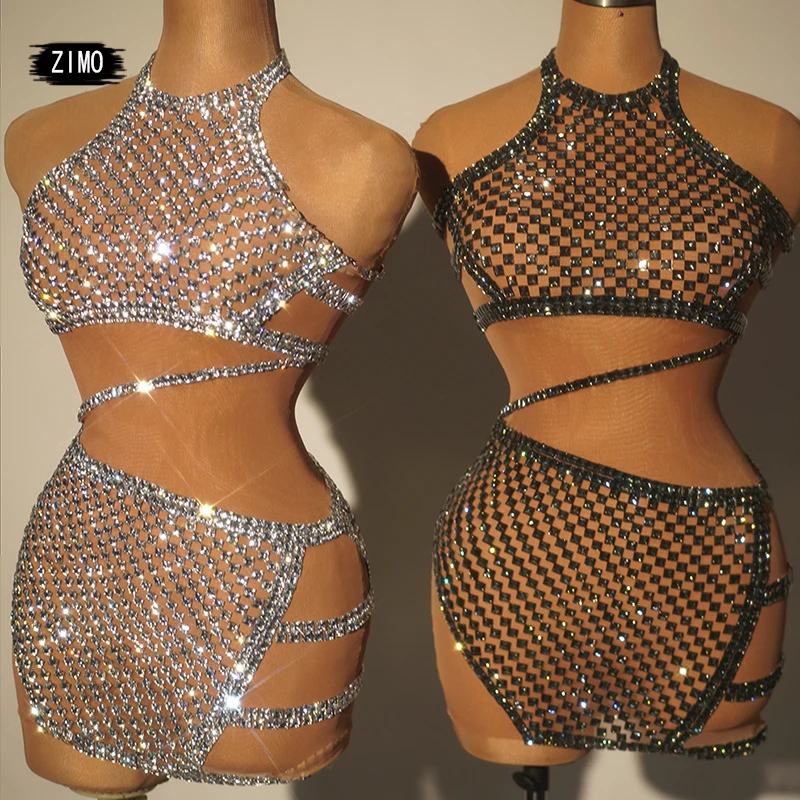 

sparkly rhinestones short dress women sexy mesh see through party celebrate birthday dress photo shoot wear performance costume