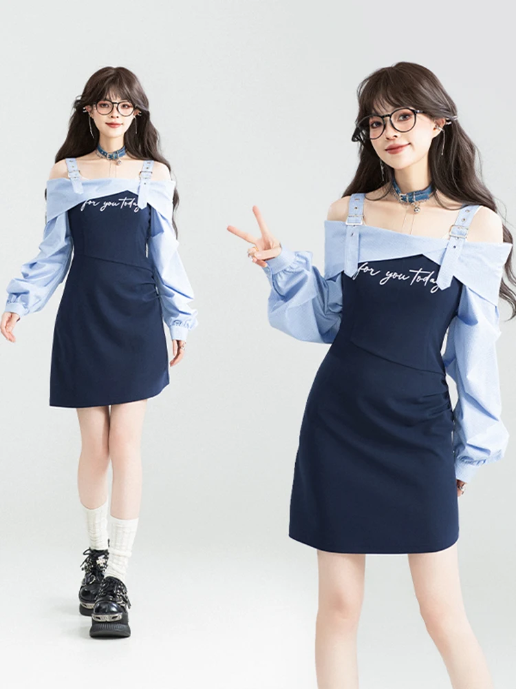 

Korean Style Spicy Girl Design Slimming Plaid Patchwork Off-Shoulder Top2025New Style Long Sleeve Shirt Dress for Women Summer