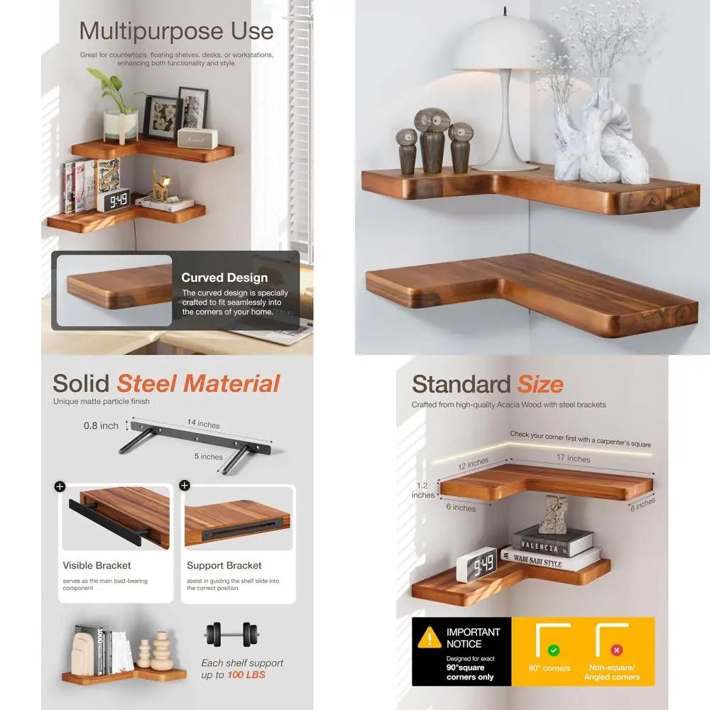 

Corner Acacia Wood Floating Shelves 17x12 inches - Wall-Mounted Brackets Included for Home Décor (Set of 2)