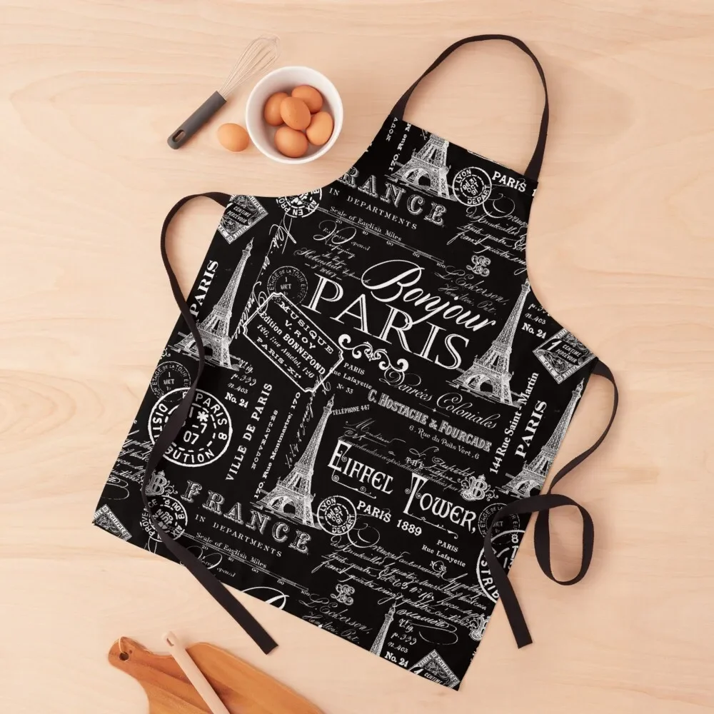 

Vintage Paris French Lifestyle With Eiffel Tower Black And White Allover Pattern Apron painting Home Supplies Apron