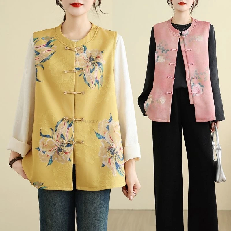 

Autumn And Winter Chinese Style Vest Thickened Top Large Size women's Clothing button-covered Belly Printed Chinese Vest Coat