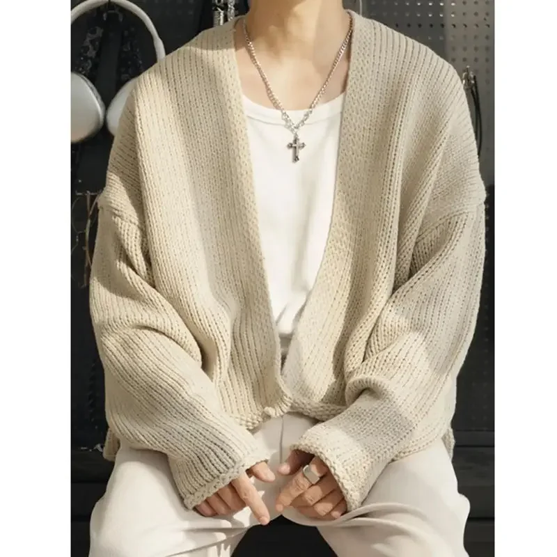 Autumn and Winter Niche Design Solid Color V-neck Cardigan Men Sweater Coats Loose Casual Irregular Couple Knitted Cardigan