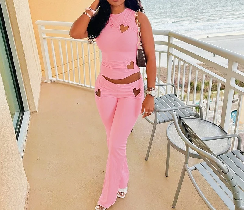 

Women's Wear 2025 Spring/Summer New Heart Hollow Design Sleeveless Top and Long Pants Set