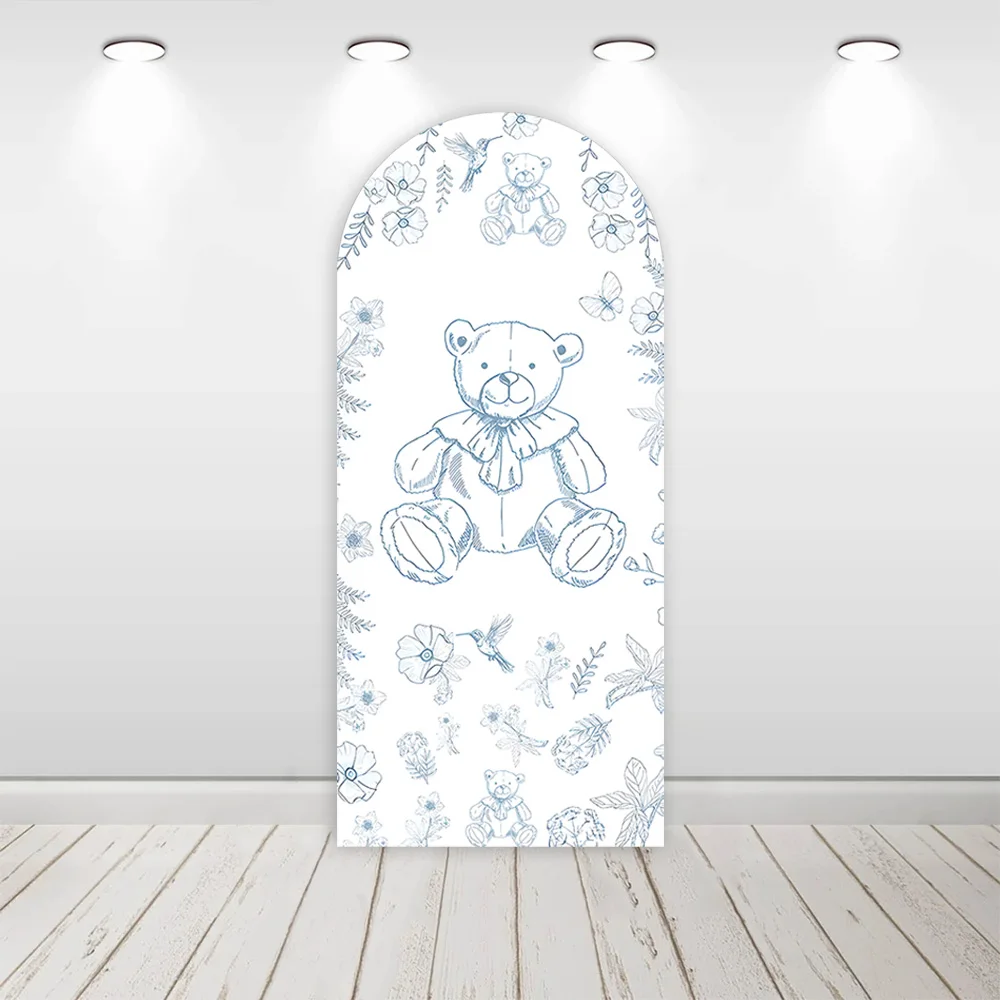 Mehofond Custom 2-Sided Cute Bear Blue Flowers Kids Birthday Party Baby Shower Covers Arch Wall Background Decor Backdrop Photo