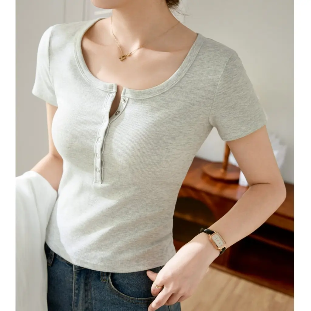 

Women's Slim Fit Short-Sleeved T-Shirt High-Quality Cotton Hidden Buckle Summer Top All-Match Bottoming Shirt