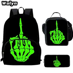 3D Funny Skull School Backpack with Lunch Bags Pencil Bags for Grade 1-3,Large & DurableCartoon School Bags Set for Boys