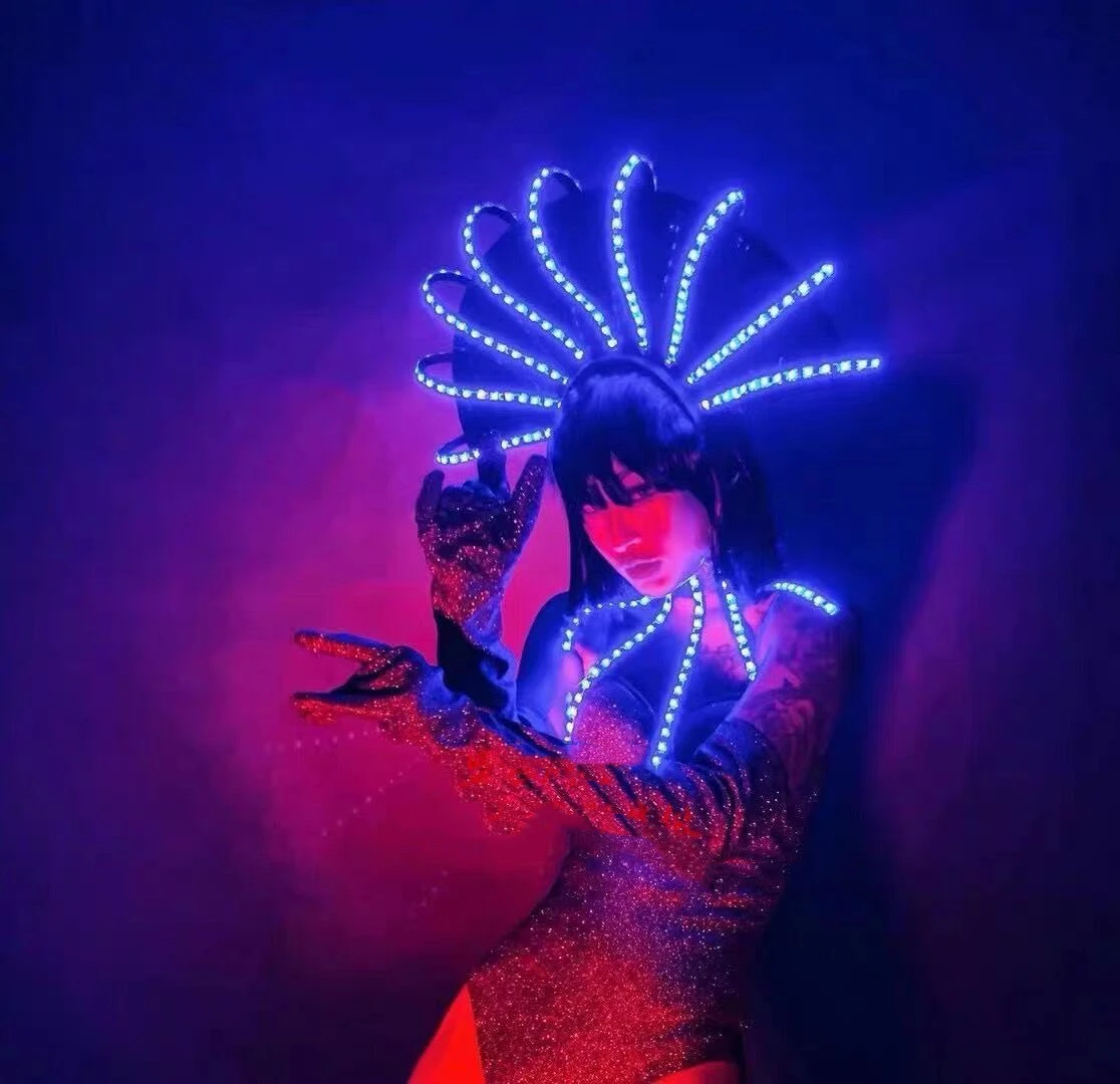 Sexy Women Led Costume Lumious Headwear Bodysuit Full Set Stage Dance Show Nighclub Bar Party Wear Dancer Outfit Rave Party