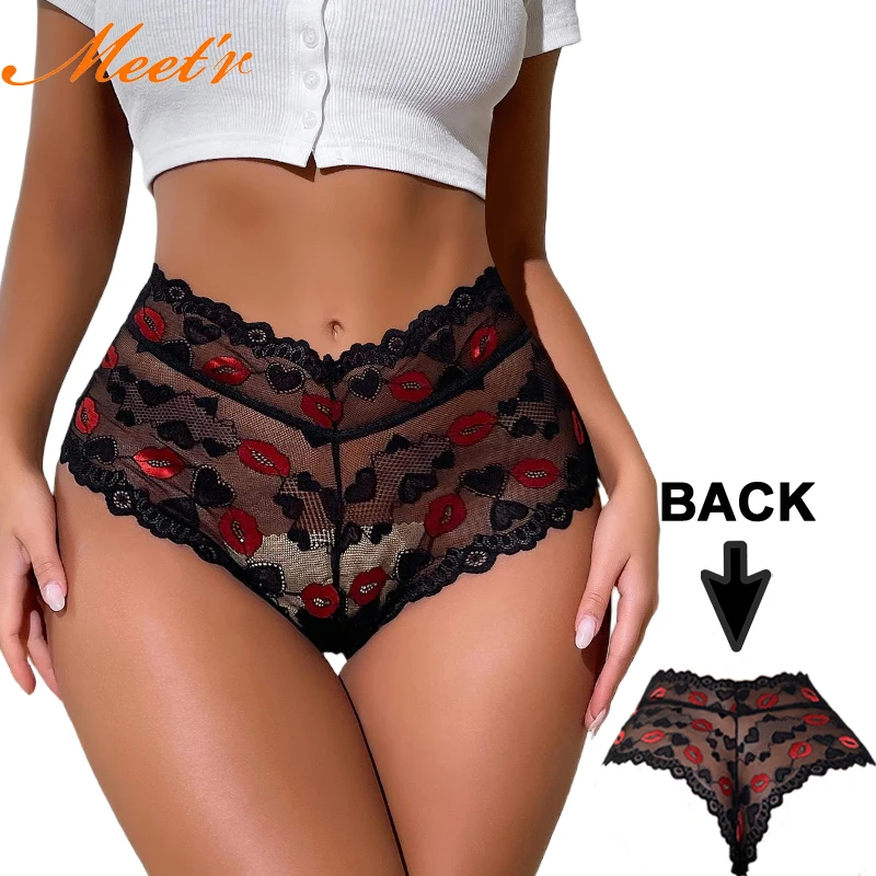 Meet'r-ropa interior de encaje con labios rojos, lencería Sexy europea y americana, ropa íntima calada, tentación, elasticidad, bragas de cintura media