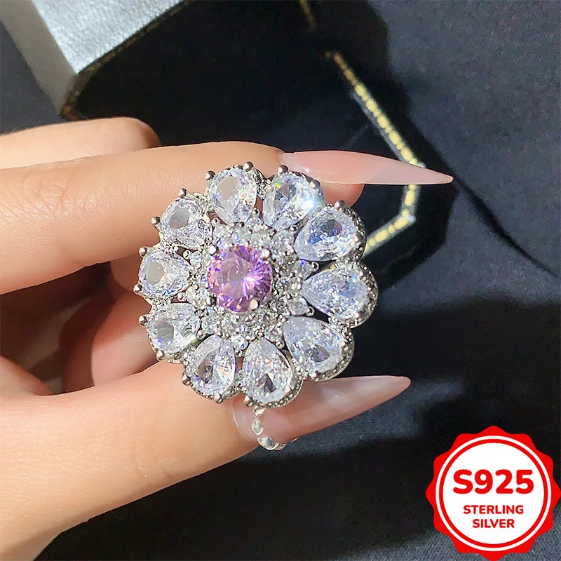 Fashionable and Elegant Authentic S925 Silver Pink Zircon Women's Wedding Ring, Versatile for Commuting