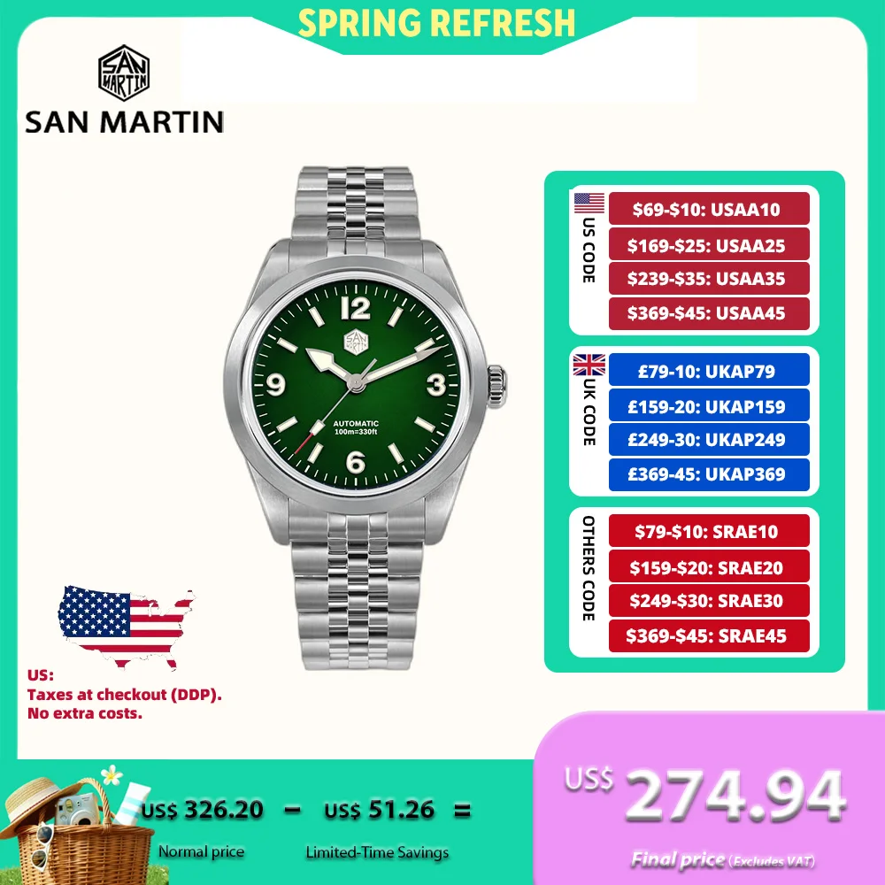 

San Martin 38mm Watch For Men 5-Link Bracelet PT5000/SW200 Mechanical Wristwatch Luxury BGW-9 Lume 100m Waterproof SN0107B