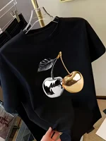 T-shirt à manches courtes pour femme avec imprimé cerise dorée, tee-shirt décontracté élégant, un sentiment d'élégance, haut polyvalent pour femme, design minimaliste 5