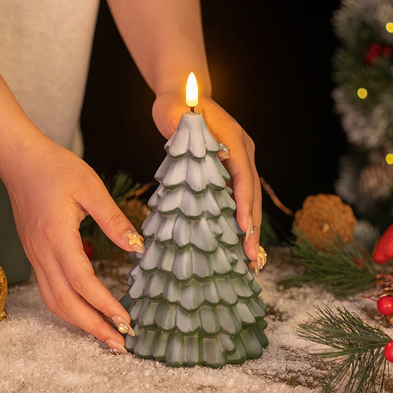 Christmas Tree Shaped LED Candles, Flameless Pillar Candles, Battery Operated LED Candle With 3D Flame Wick, Green Candles