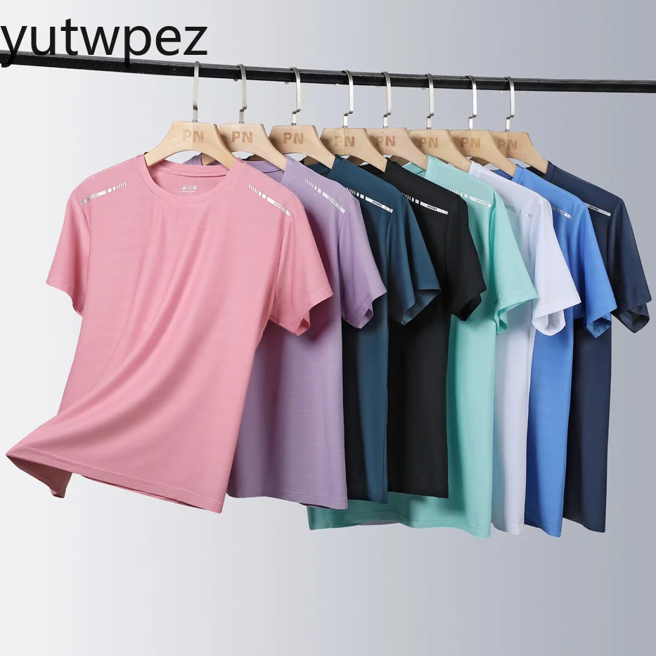 Damen-Lauf-T-Shirt, reflektierend, hochelastisch, atmungsaktiv, Sport-T-Shirt für den Sommer, schnell trocknend, aus Eisseide, kühl, mit kurzen Ärmeln