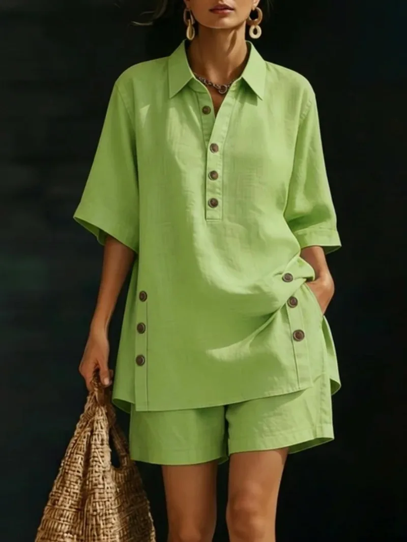 2026 Sommer Damen Revers-Knopfhemd-Shorts-Set, einfarbig, lässig, mit Schlitz und Taschen, locker sitzendes zweiteiliges Outfit, Streetwear – Detail 4