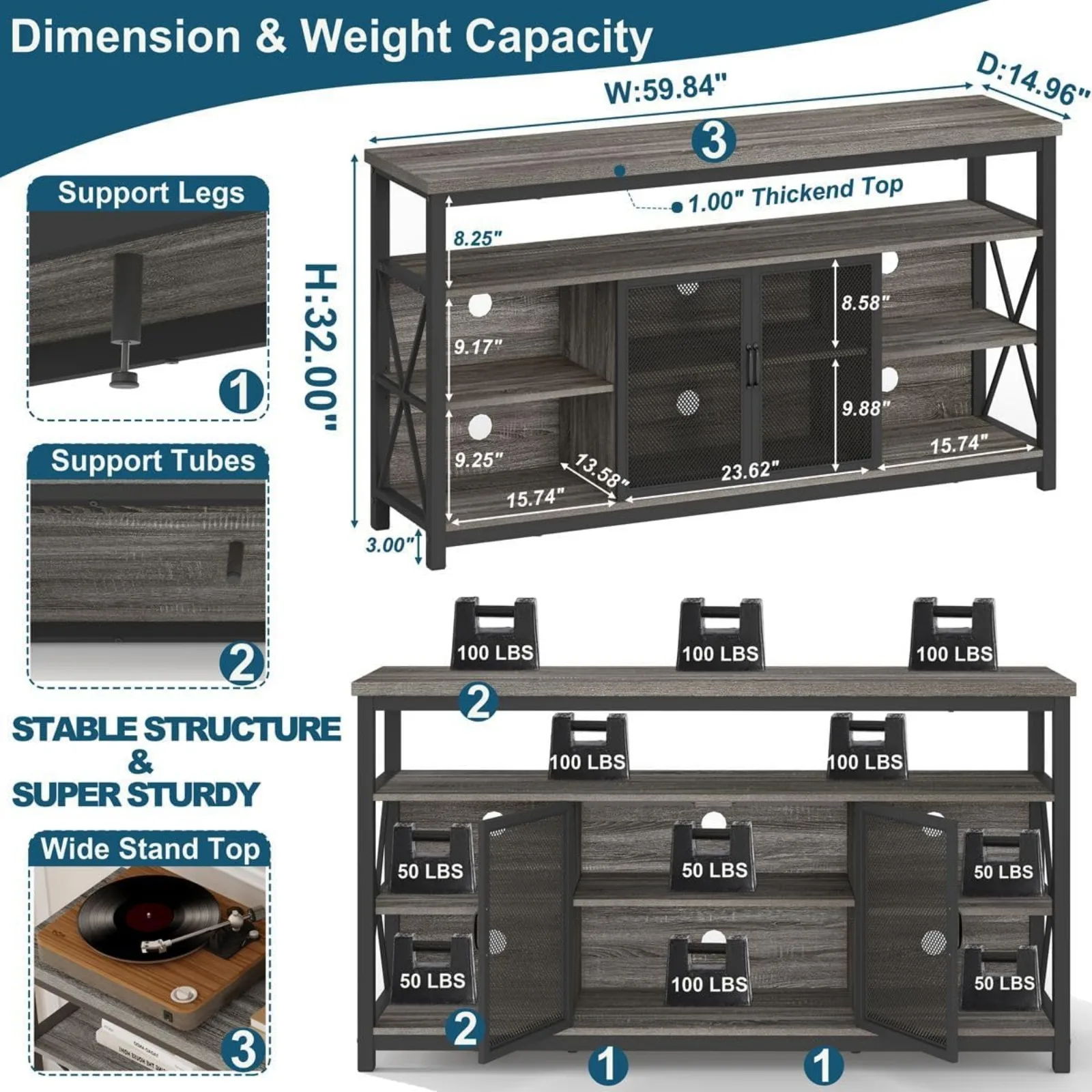 US BON AUGURE Tall TV Stand for TVs up to 65 Inch, Industrial Entertainment Center with Storage Cabinet,