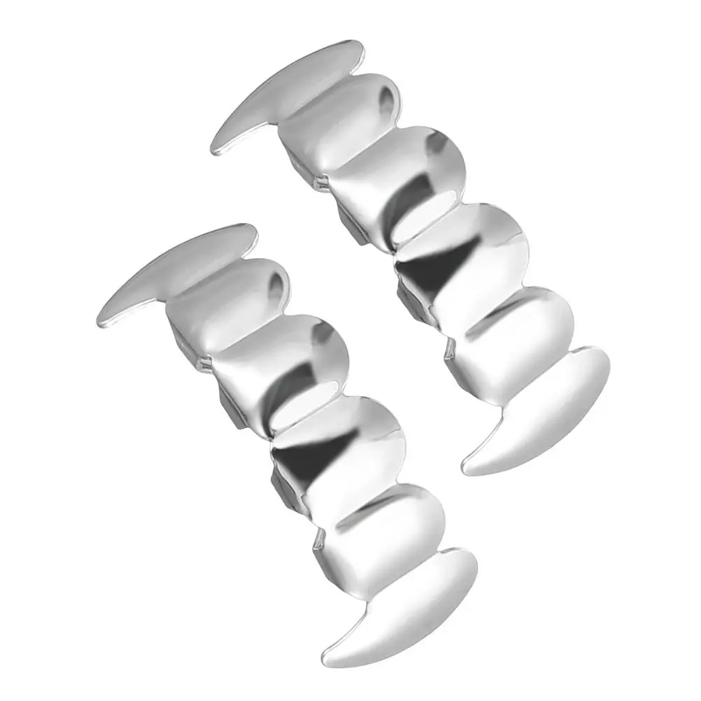 

2Pcs Premium Copper Halloween Teeth Decor Lifelike Scary Accessory for Pranks Party Supplies Silver Plated Teeth