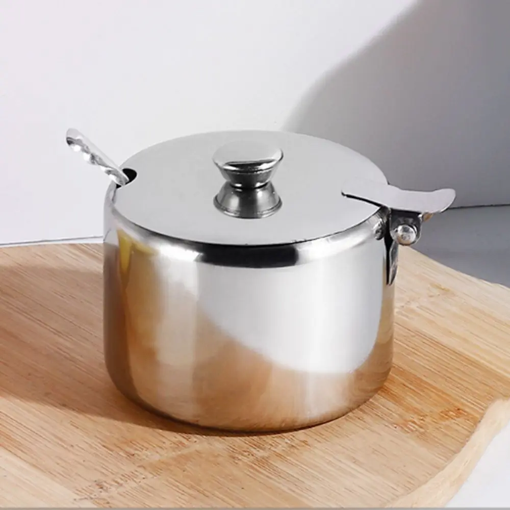 

Convenient Silver Stainless Steel Sugar Bowl Waterproof with Lid Spoon Salt Organizer Dustproof Condiment Pot for Kichen