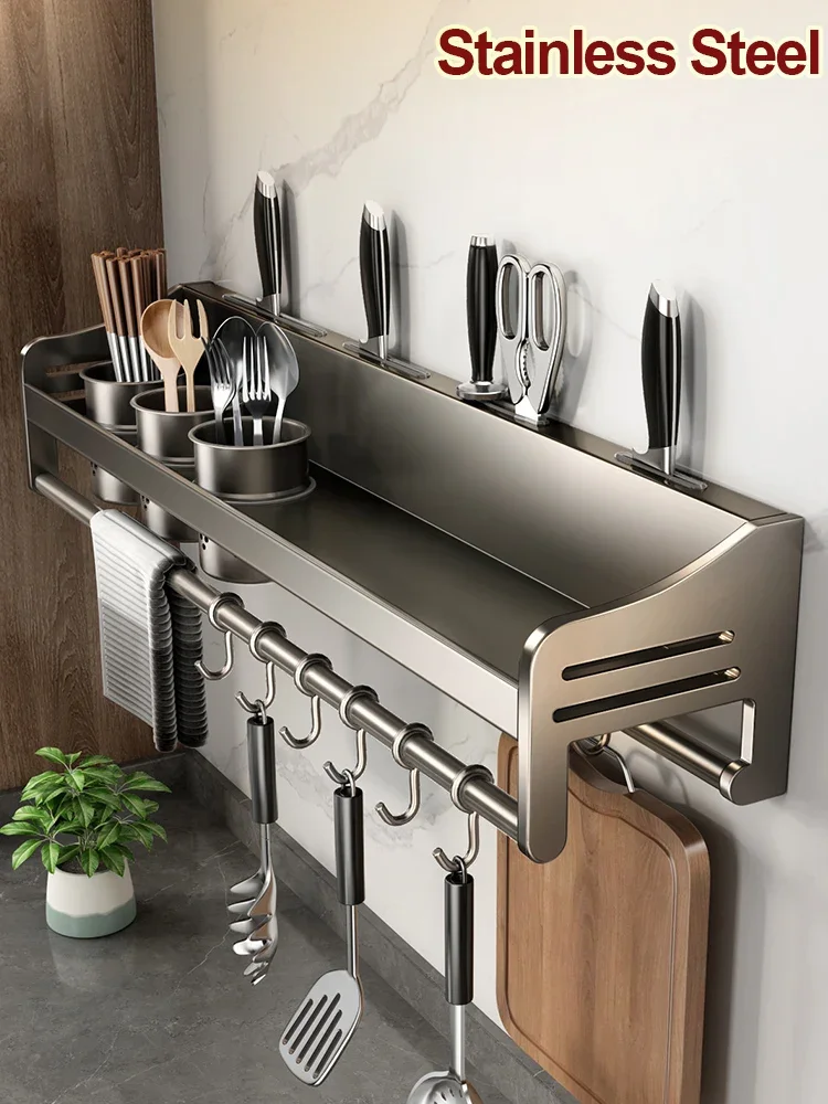 Kitchen Organizer Wall-Mounted Spice Seasoning Storage Racks Knife Spoon Chopsticks Stand Utensils Rack Kitchen Accessories