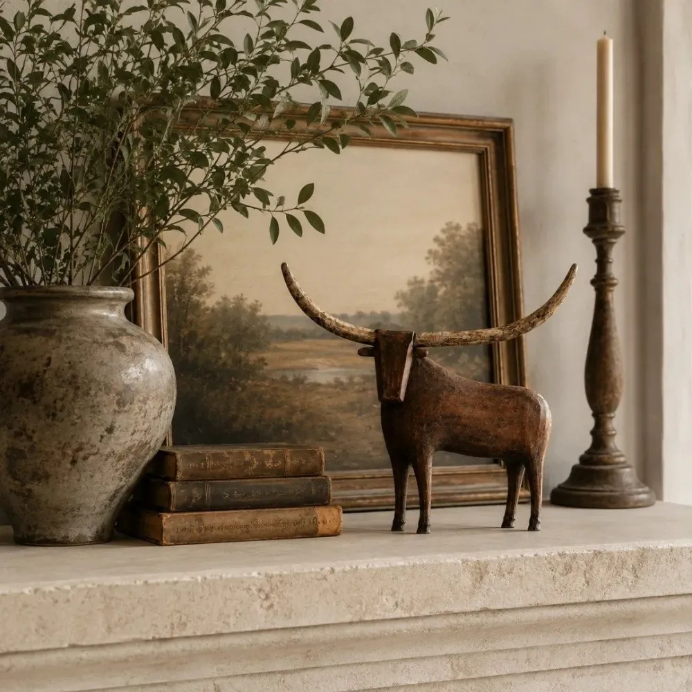Vintage Style Longhorn Bull Sculpture Western Style Rustic Resin Bull Tabletop Statue Rugged Handcrafted Sheep Cow Figurine