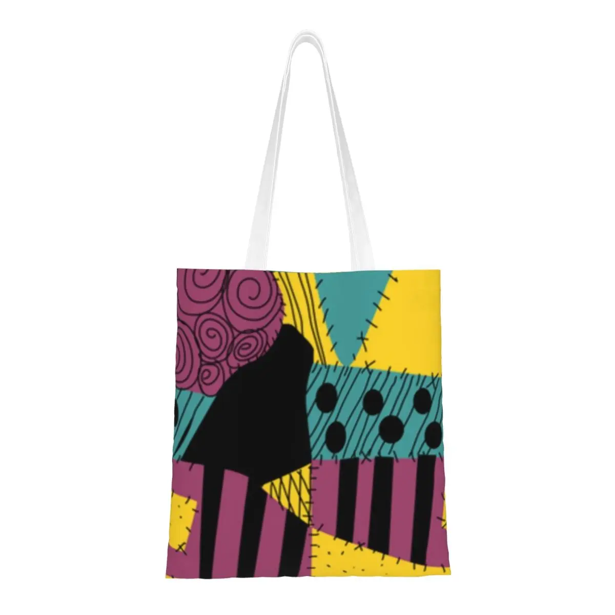 Custom Sally Patchwork Dress Shopping Canvas Bag Women Portable Groceries Tim Burton Halloween Skull Shopper Tote Bags